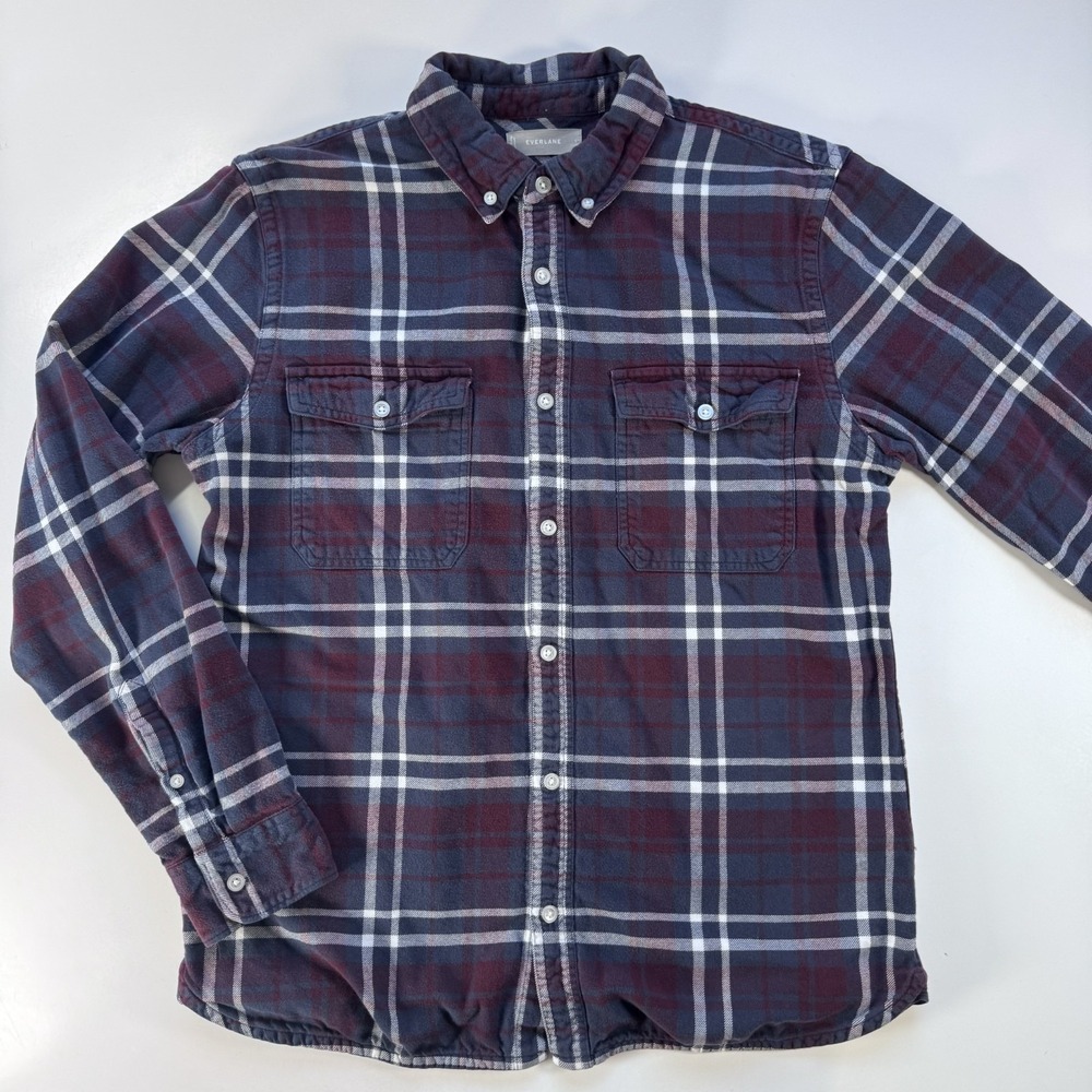 EVERLANE Long Sleeve Brushed Flannel Shirt Mens Large Blue Burgundy Flap Pockets